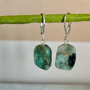 Dainty sterling silver raw emerald handmade gemstone drop lever back earrings